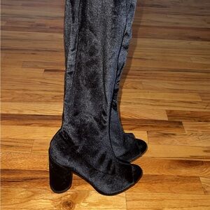 Black suede open toe thigh high boots